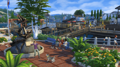 Sims em uma praça de Brindleton Bay brincando com seus bichos no The Sims 4 Gatos e Cães.