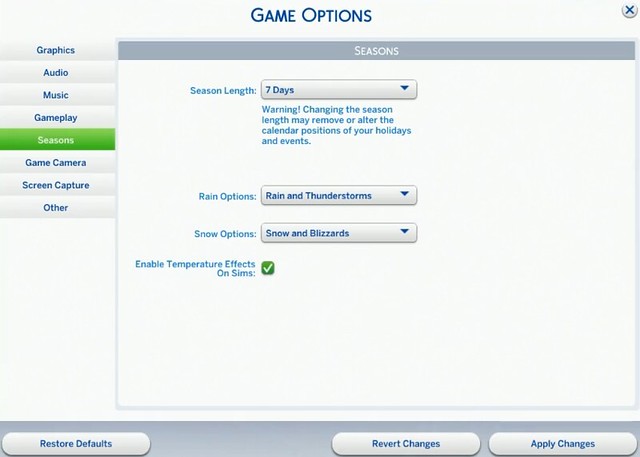 Opções de Jogo do The Sims 4 Estações: Controle de Clima