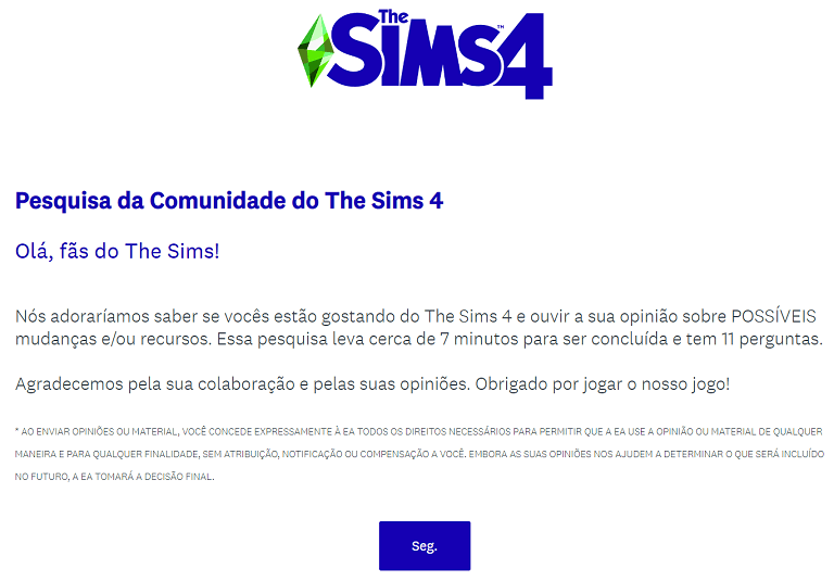 Nova Pesquisa (Survey) do The Sims 4 – Janeiro de 2020