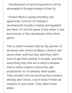 RUMOR: Desenvolvimento do Projeto Rene e Futuro do The Sims